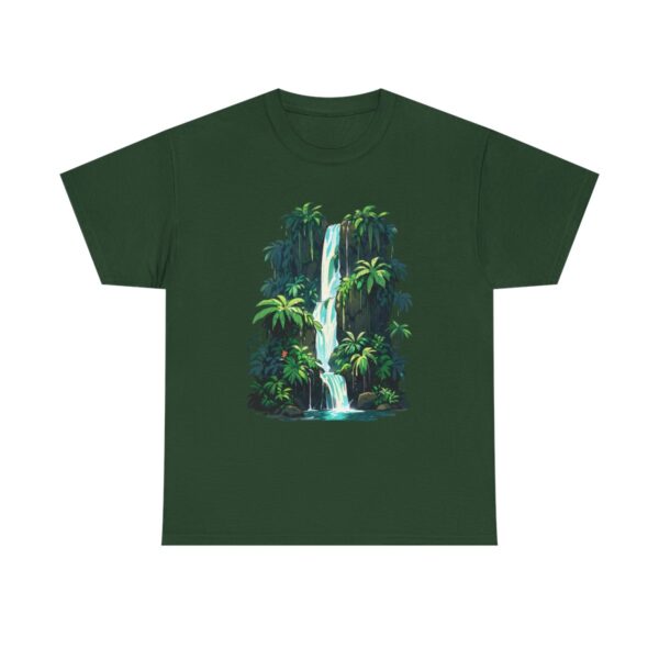 Unisex tee with a waterfall design and lush greenery