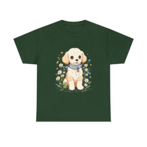 Unisex heavy cotton tee with a cute puppy sitting among daisies