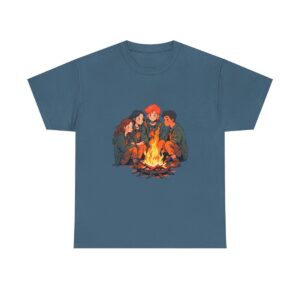 Unisex Tee with design of four people sitting around a campfire