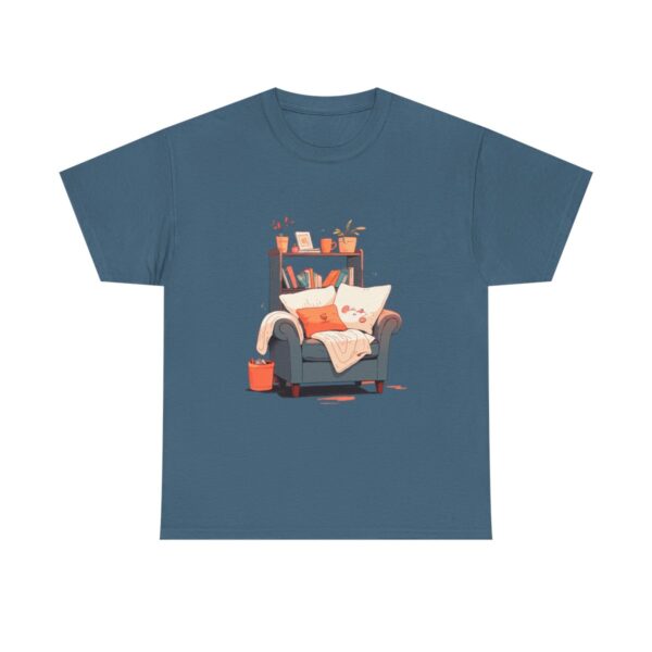 Unisex heavy cotton tee with a cozy reading nook design featuring a chair, books, and a cat