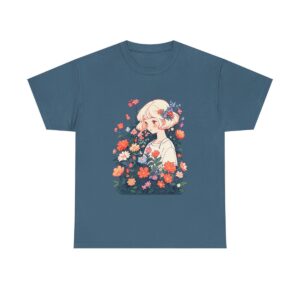 Unisex heavy cotton tee with a peaceful garden illustration featuring a girl among flowers