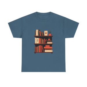 Unisex Tee with a design of antique books on a shelf