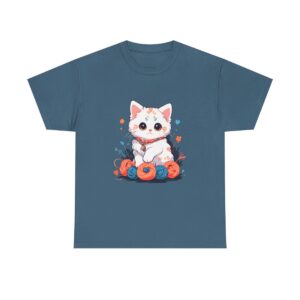 Unisex Tee with a cute furry kitten and colorful pumpkins design