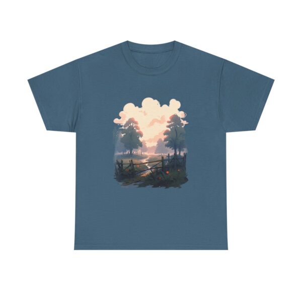 Unisex tee with a foggy morning design featuring a misty forest and a rising sun