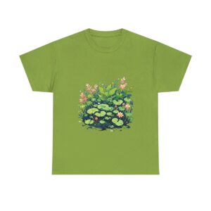 Unisex heavy cotton tee with an illustration of aquatic plants and blooming water lilies