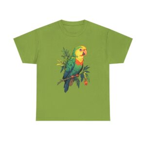 Unisex heavy cotton tee with vibrant parrot design on branch