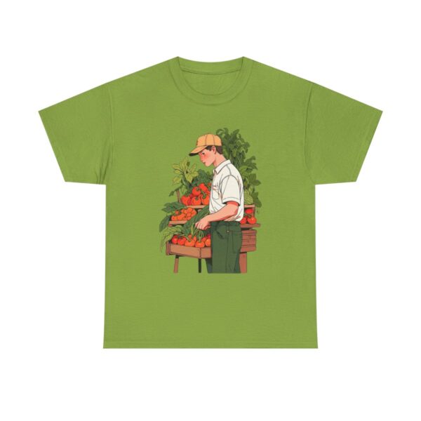 Unisex heavy cotton tee with a farmer at a market stand with fresh produce design