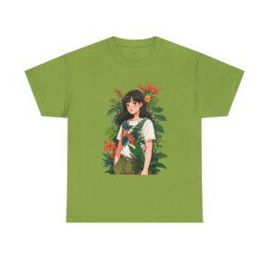 Woman standing among vibrant plants design on a T-shirt