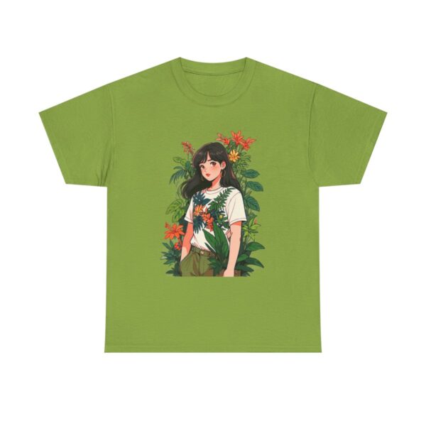 Woman standing among vibrant plants design on a T-shirt