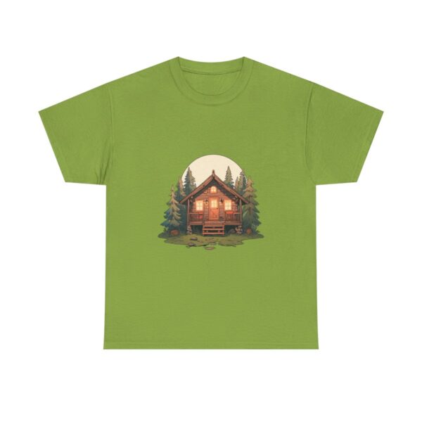 Unisex heavy cotton tee with an illustration of a cozy cabin in the forest