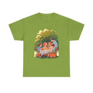 Unisex tee featuring a cheerful family picnic scene with parents and children