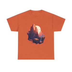 Unisex tee with a canyon design featuring rocky cliffs and a setting sun