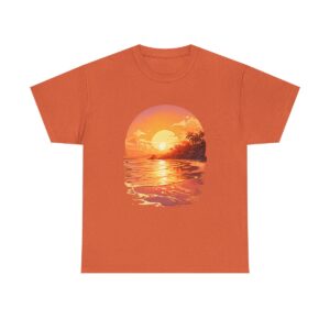 Unisex tee featuring a stunning golden sunrise over a tranquil beach