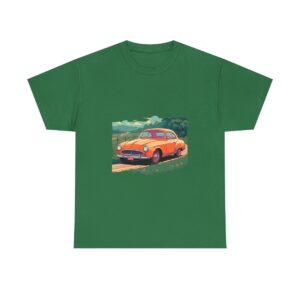 Unisex tee with vintage car design in a rural landscape