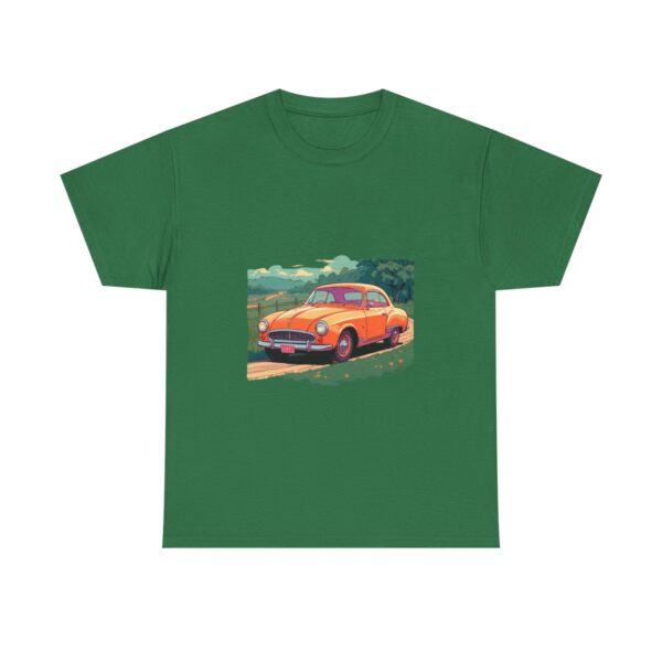 Unisex tee with vintage car design in a rural landscape