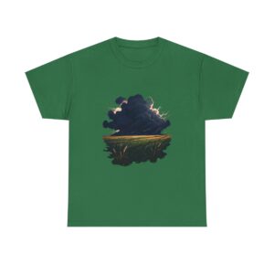 Unisex tee featuring a dramatic dark storm cloud with lightning over a field