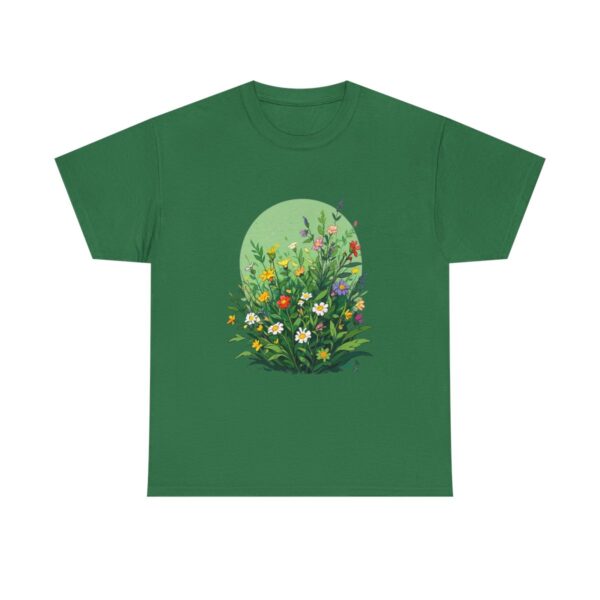 Unisex tee featuring a vibrant wildflower meadow design with various colorful flowers