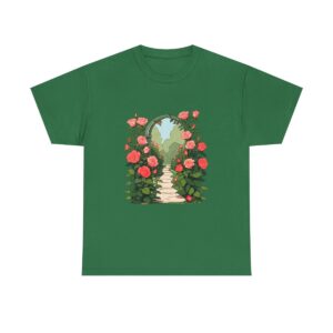 Unisex tee featuring a peaceful forest scene with a flowing stream and lush greenery