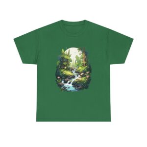 Unisex tee with a serene forest scene featuring a gentle stream flowing through lush greenery