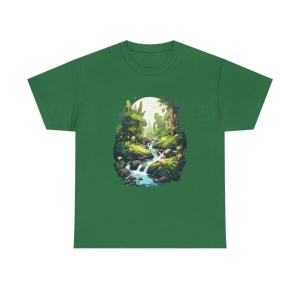 Unisex tee with a serene forest scene featuring a gentle stream flowing through lush greenery