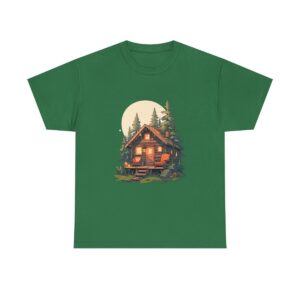 Unisex heavy cotton tee with an illustration of a cozy cabin under a full moon