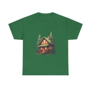 Unisex heavy cotton tee with an illustration of a cozy cabin in the woods