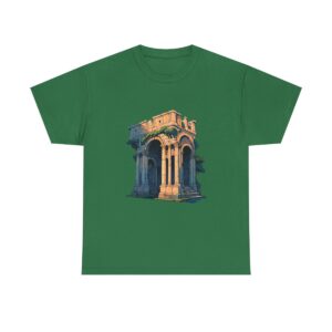 Unisex heavy cotton tee with an illustration of an ancient Roman aqueduct structure