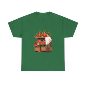 Unisex heavy cotton tee with a market scene featuring a man selling aromatic spices