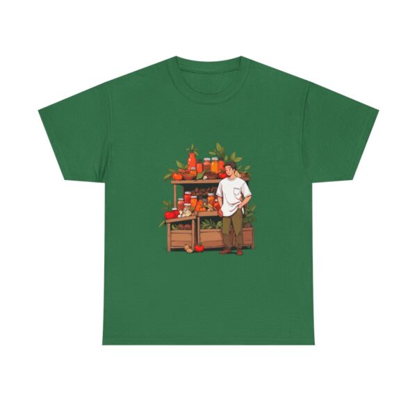 Unisex heavy cotton tee with a market scene featuring a man selling aromatic spices