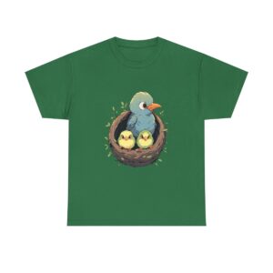 Unisex heavy cotton tee with a mother bird and baby birds in a nest design