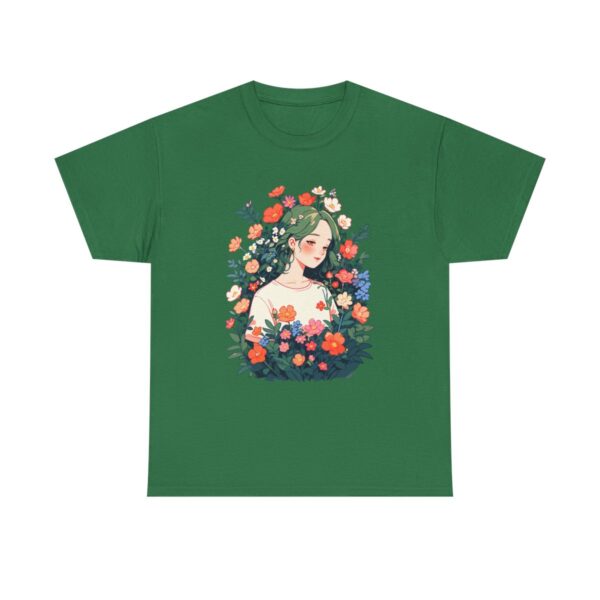 Unisex Tee with a peaceful garden design featuring a woman surrounded by flowers