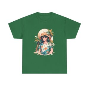 Unisex Tee with a tropical beach scene design featuring a woman