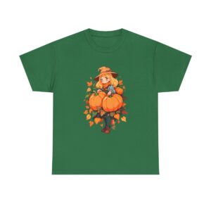 Unisex Tee with a cute autumn scene featuring a child and pumpkins