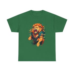 Unisex tee with a fierce lion design featuring a roaring lion in vibrant foliage