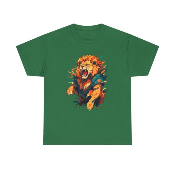 Unisex tee with a fierce lion design featuring a roaring lion in vibrant foliage