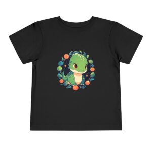 Toddler Short Sleeve Tee with a cute baby dinosaur surrounded by colorful plants design