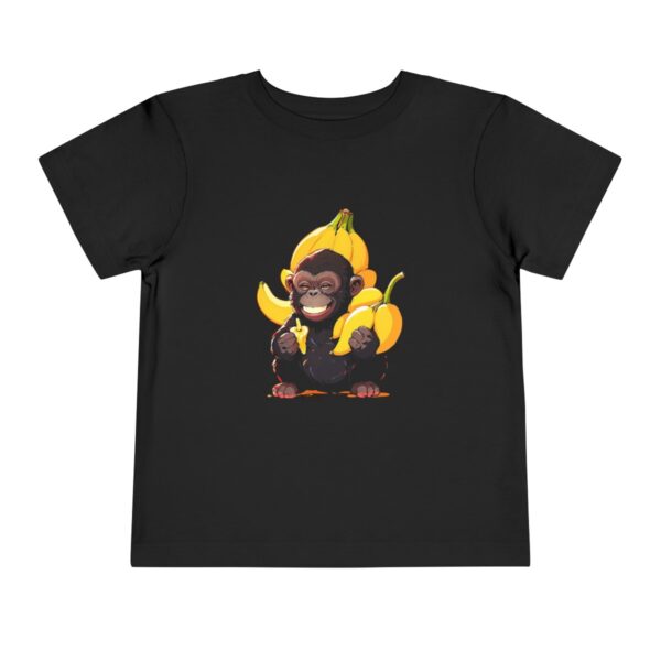 Toddler short sleeve tee with a baby gorilla design featuring a gorilla surrounded by bananas on a black background