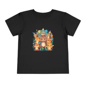 Toddler short sleeve tee with a jungle animals design featuring various animals celebrating on a black background