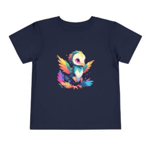 Navy toddler short sleeve tee with a colorful baby microraptor design