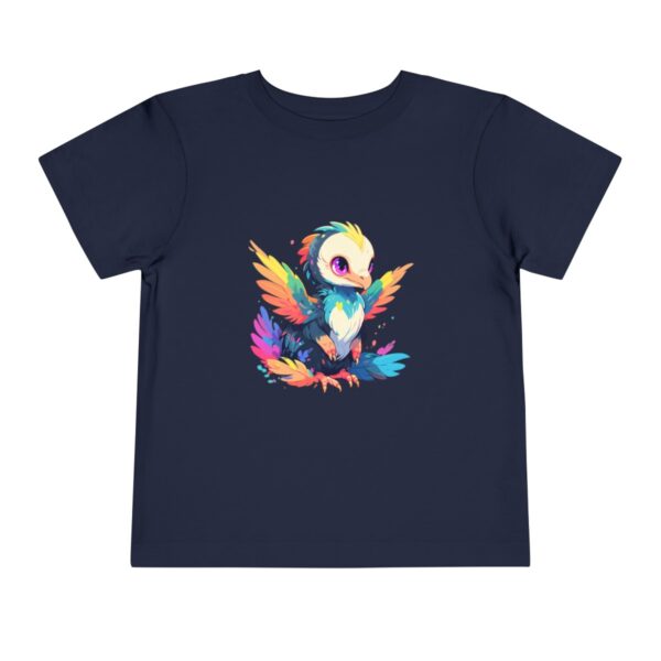 Navy toddler short sleeve tee with a colorful baby microraptor design