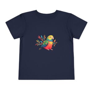 Toddler short sleeve tee with a cheerful parrot design on a navy blue background