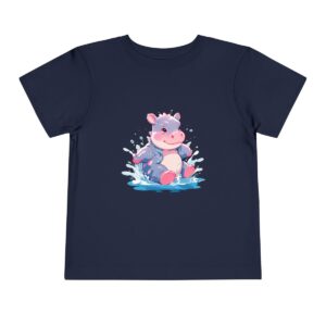 Toddler short sleeve tee with a cute hippo design on a navy blue background