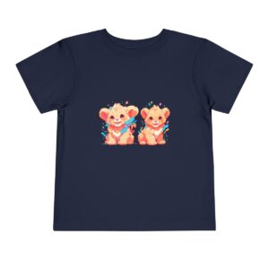 Toddler short sleeve tee with two cute lion cubs design on a navy blue background