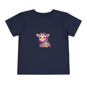 Toddler short sleeve tee with a happy giraffe design on a navy blue background