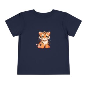 Toddler short sleeve tee with a happy tiger design on a navy blue background