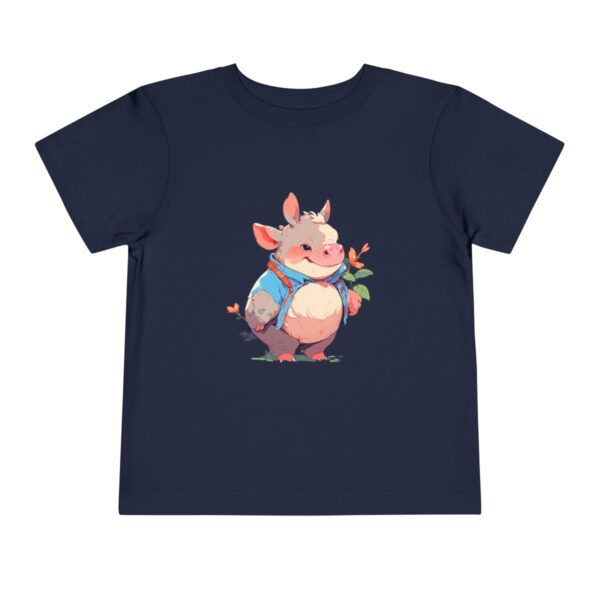 Toddler short sleeve tee with a smiling rhinoceros design on a navy blue background