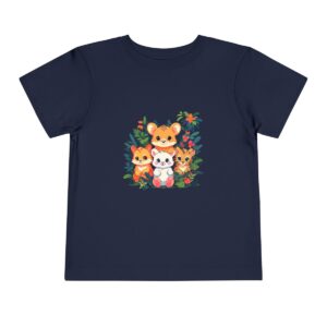 Toddler short sleeve tee with a baby animals design featuring various animals on a navy blue background