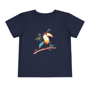 Toddler short sleeve tee with a colorful toucan design on a navy blue background