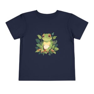 Toddler short sleeve tee with a cute jungle frog design on a navy blue background