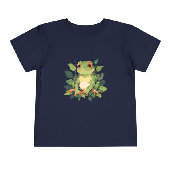 Toddler short sleeve tee with a cute jungle frog design on a navy blue background